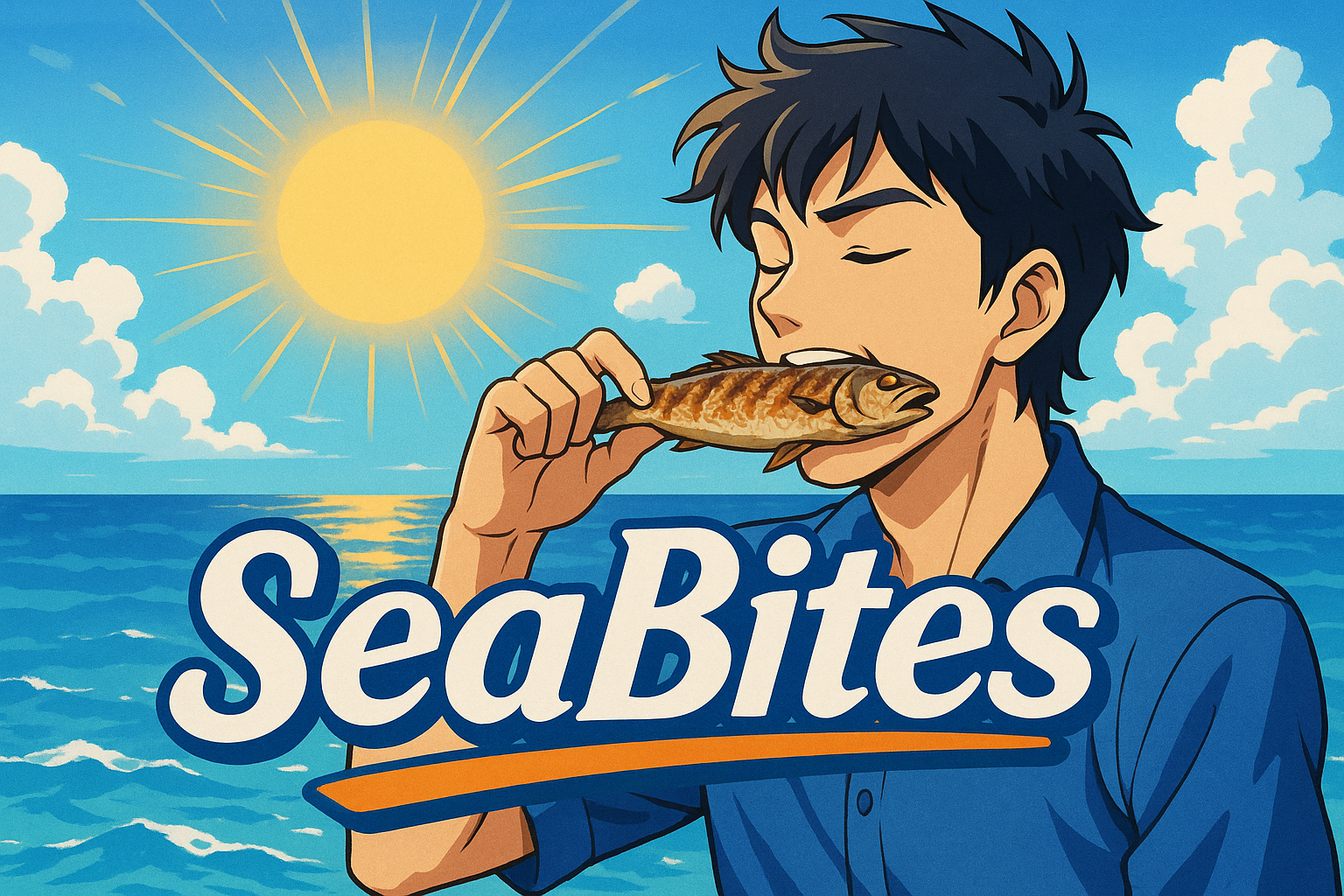 sea and sun backgroung one man eat fish in anime and center of the text SeaBites